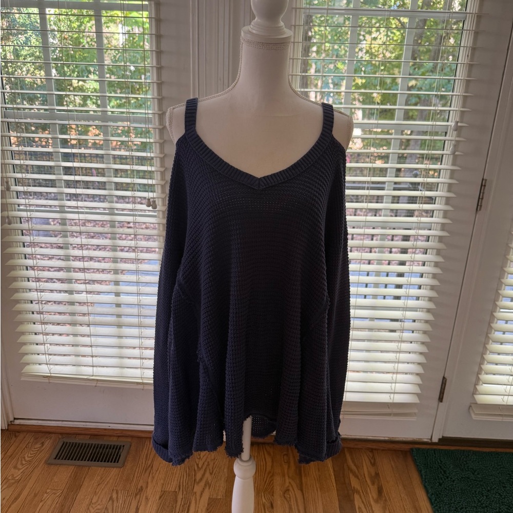Free People Blue Cold Shoulder Sweater